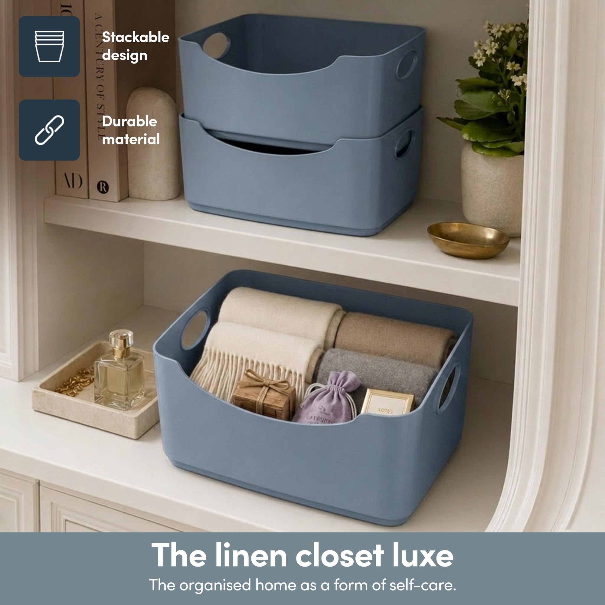 KEPLIN 6 Pack Plastic Storage Baskets with Handles, BPA-Free Dishwasher Safe Organiser Boxes for Kitchen, Bathroom, Pantry, Shelves & Drawers