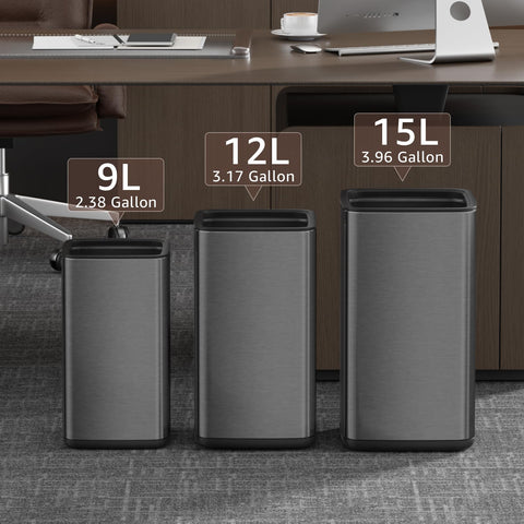 Mbillion Open Top Trash Can, Stainless Steel Waste Bin with Removable Inner Basket， Small Metal Garbage Basket for Modern Bathroom, Office (Black, 9L)