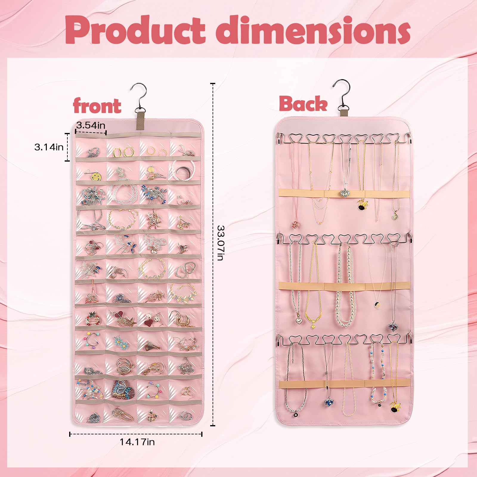 Jewelry Organizer Hanging, Dual-sided Hanging Jewelry Organizer Holder with Metal Hooks, 36 Pockets 3 Wave-Shaped Hooks