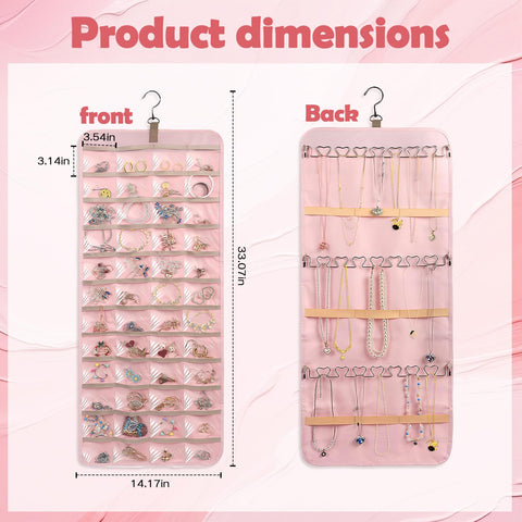 Jewelry Organizer Hanging, Dual-sided Hanging Jewelry Organizer Holder with Metal Hooks, 36 Pockets 3 Wave-Shaped Hooks