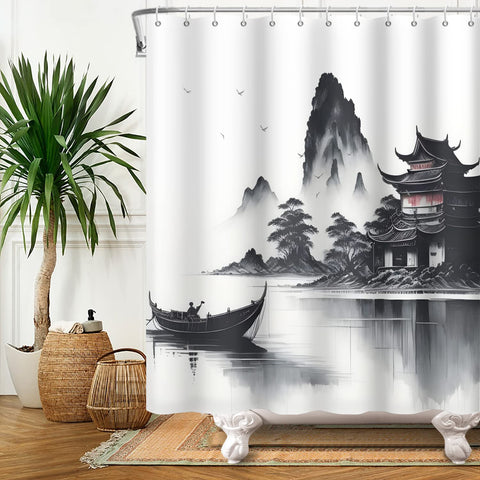 SDOTPMT 105x160cm Japanese Asian Ink Painting Shower Curtain Foggy Mountain Boat Wild Goose Bathtub Curtain Outdoor Natural Scenery Bath Curtain for
