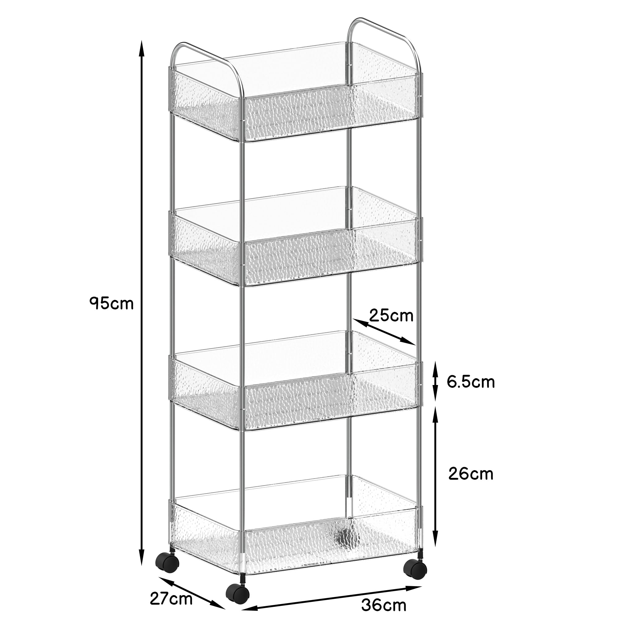 CraftGenes 4-Tier Slim Storage Trolley on Wheels with Lock, 36x27x95cm, Transparent Bathroom Trolley with Stainless Steel Frame & U-Handle