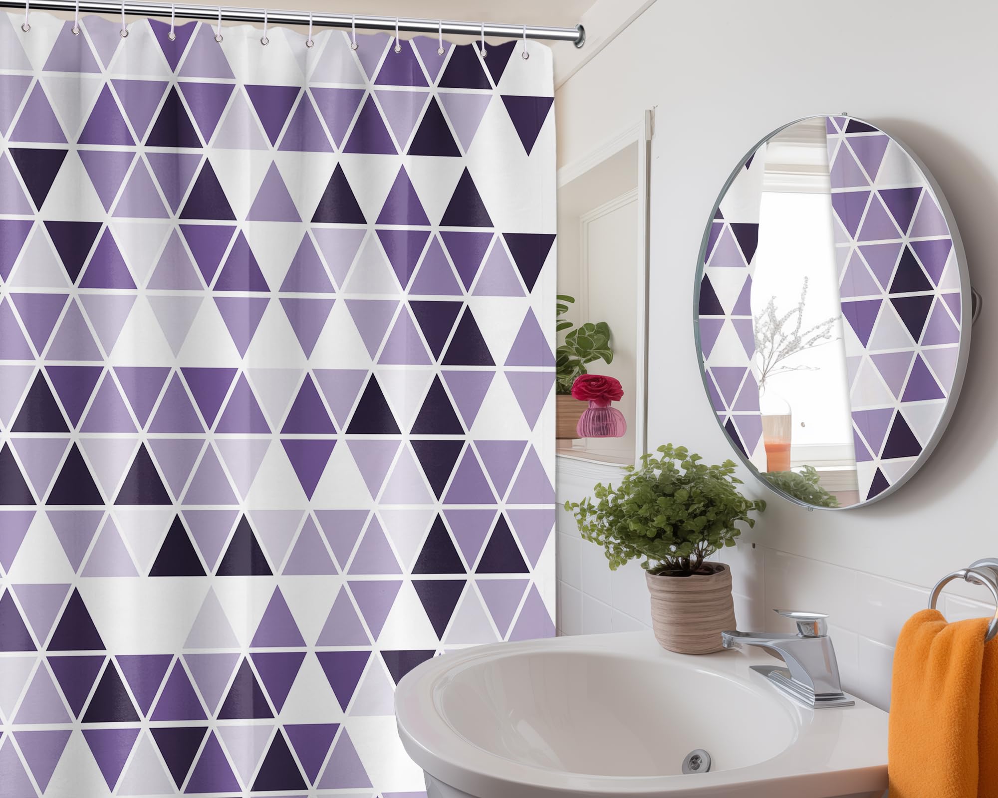 LanZanthic Purple and White Lavender Shower Curtains for Bathroom Mosaic Geometric Modern Abstract Wet Room Shower Curtain with hooks