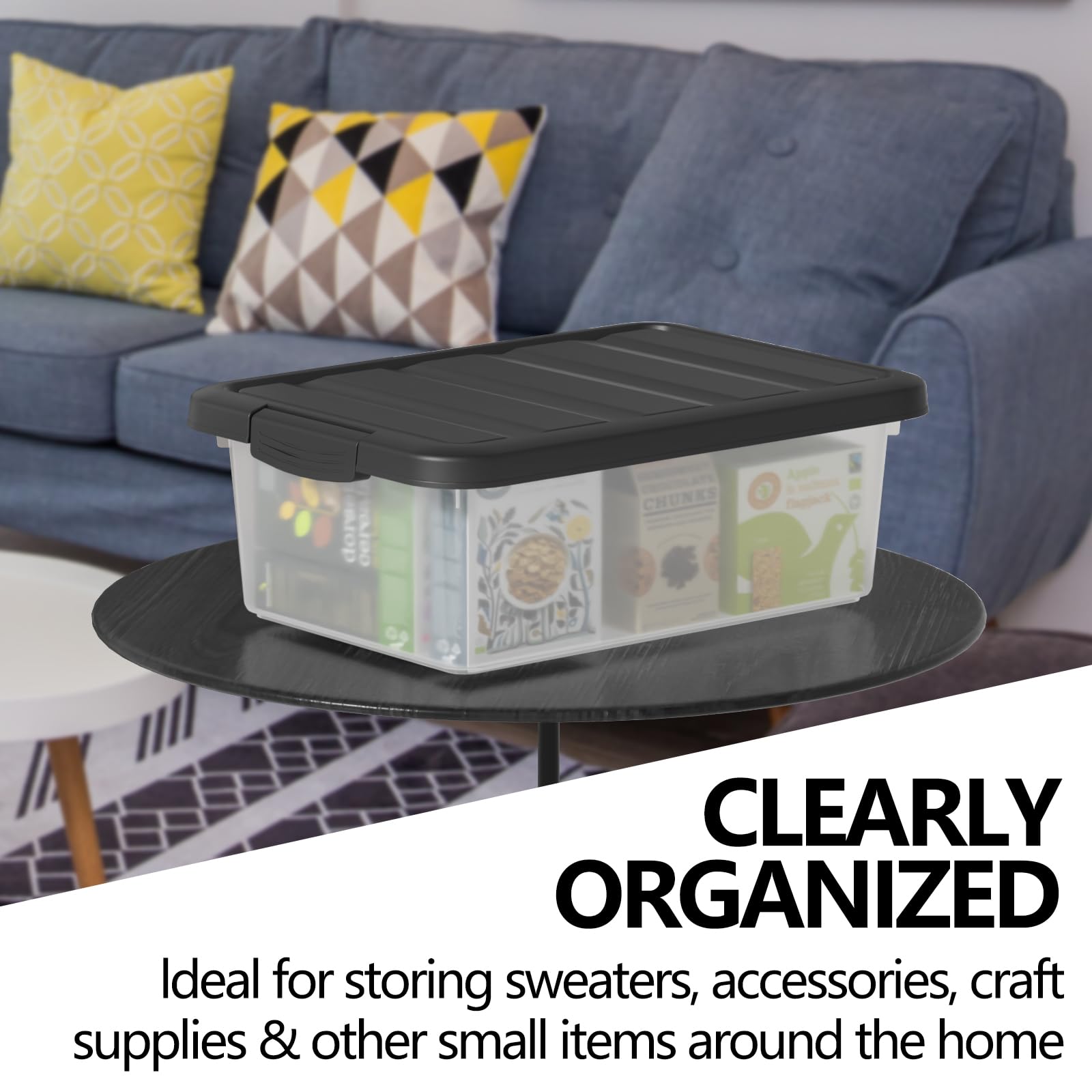 Waikhomes 16 L 2 Pack Clear Latching Storage Boxes, Plastic Stackable Storage Bin with Black Lid