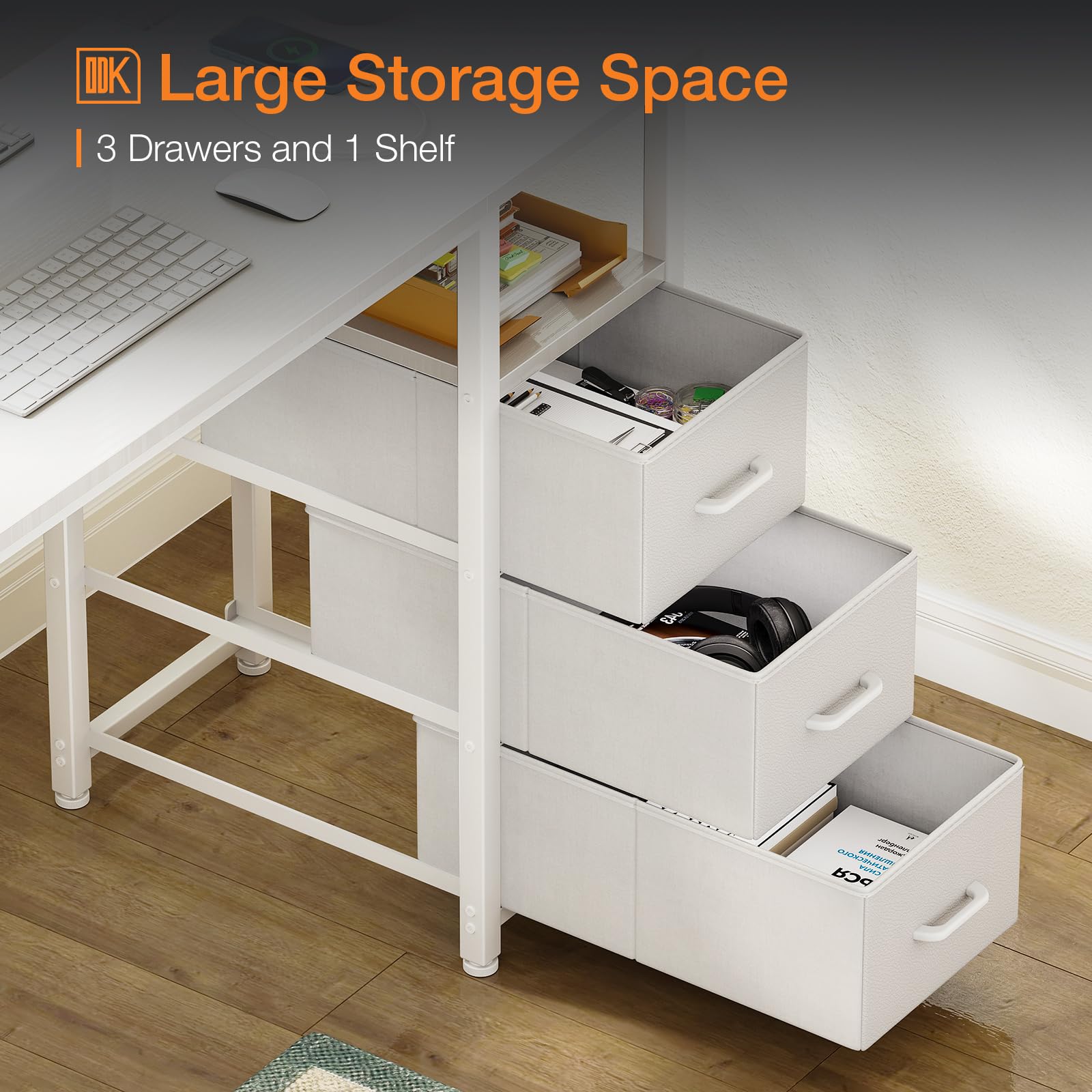 ODK Computer Desk with Drawers, 120cm Office Desk with Sockets, White