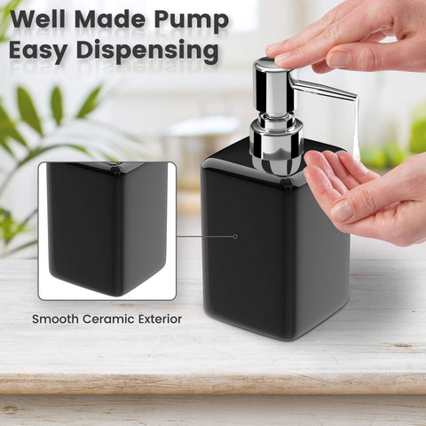 Ceramic Soap Dispenser - 320ml/11oz Square Design with Long Spout & Rustproof Pump, Refillable for Shampoo/Liquid Soap