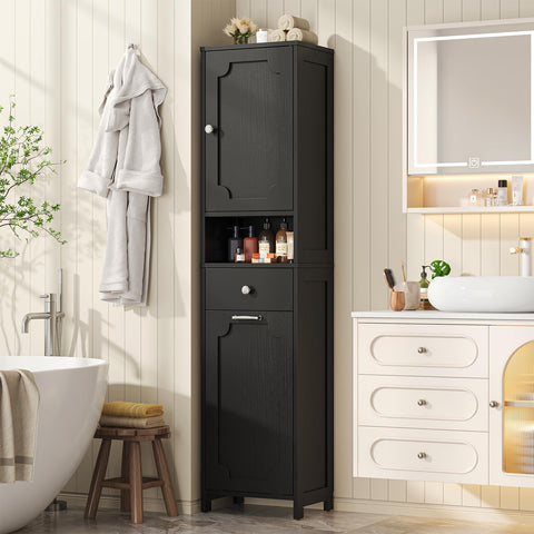 Feonase Tall Wooden Bathroom Cabinet with Single-Door Storage– 2-Tier Fixed Shelves, Open Middle Shelf