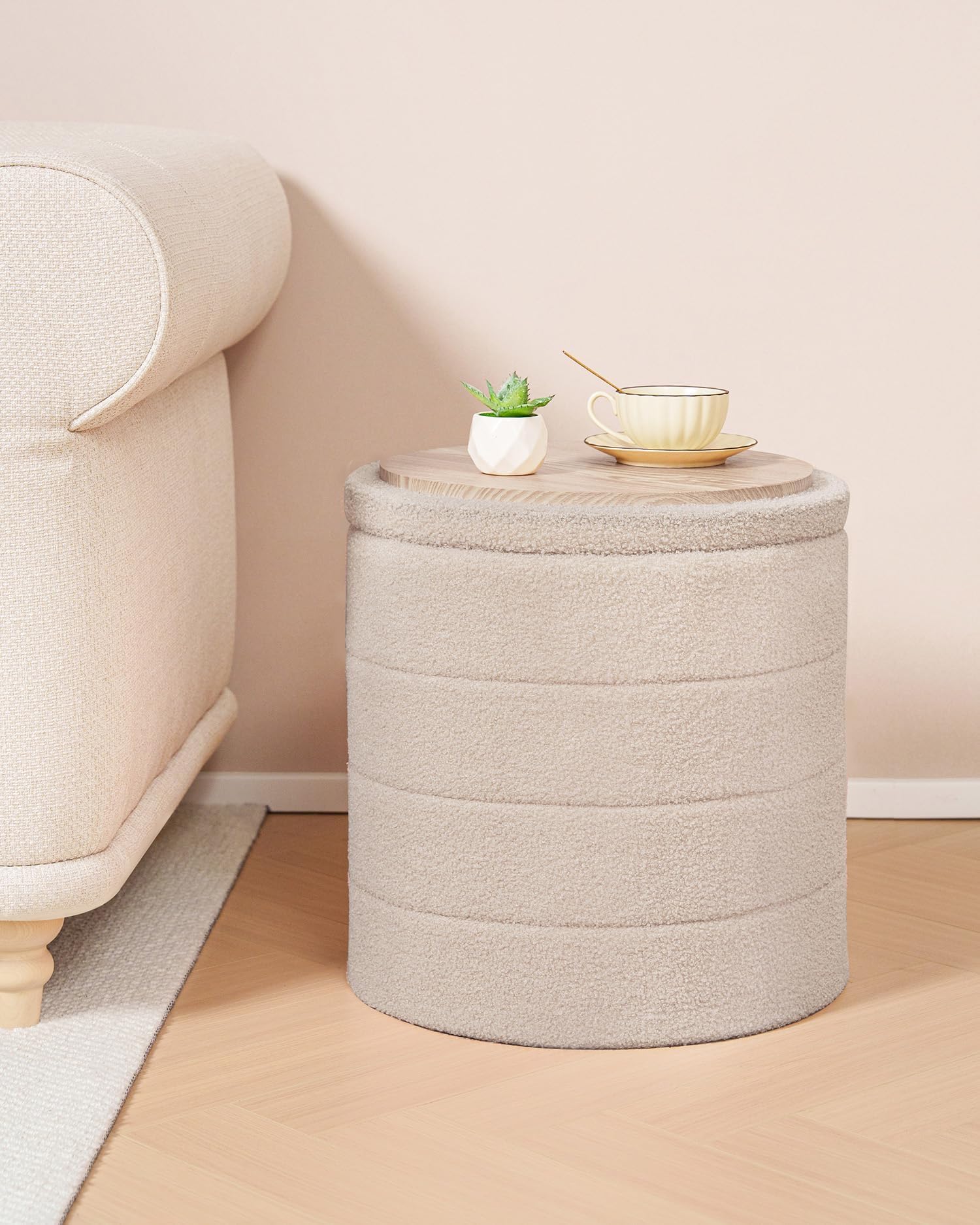 Bonlife Boucle Ottoman Storage, Foot Rest Stool Seat, Folding Footstool for Living Room, Sherpa Ottoman for Bedroom, Beige, 43x43x45 cm