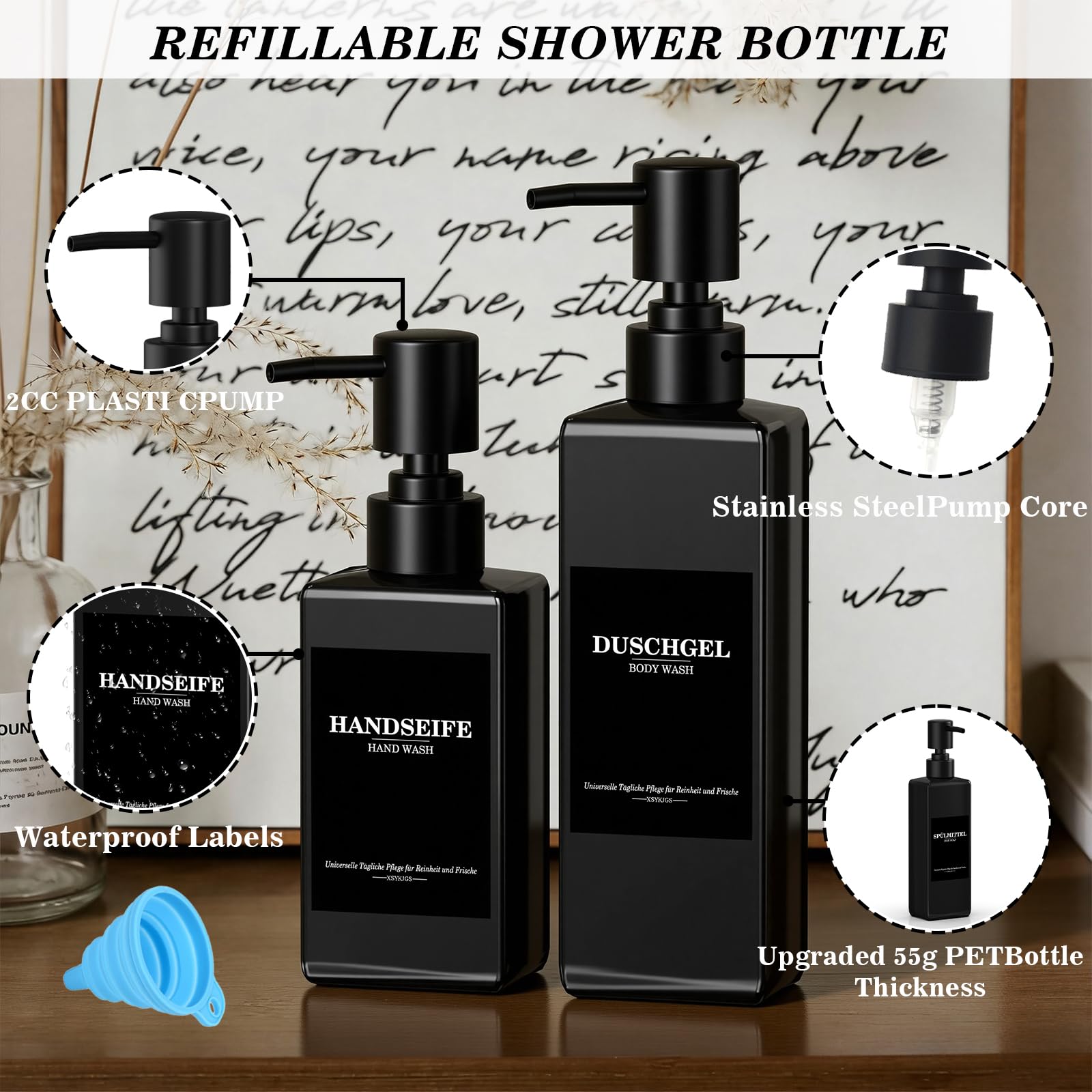 Set of 5 Reusable Shampoo Dispenser Bottles for Filling, 3 x 300 ml + 2 x 500 ml Black Refill Bottles with Pump Dispenser