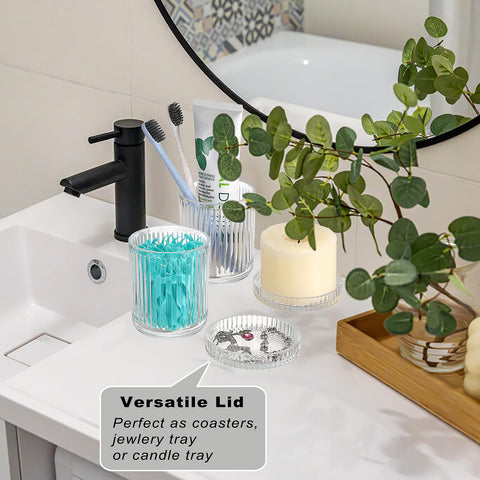OLegei Glass Cotton Ball and Swab Holder Organizer, Set of 2 Bathroom Glass Storage Jars with Lid, Q-tips Floss Dispenser