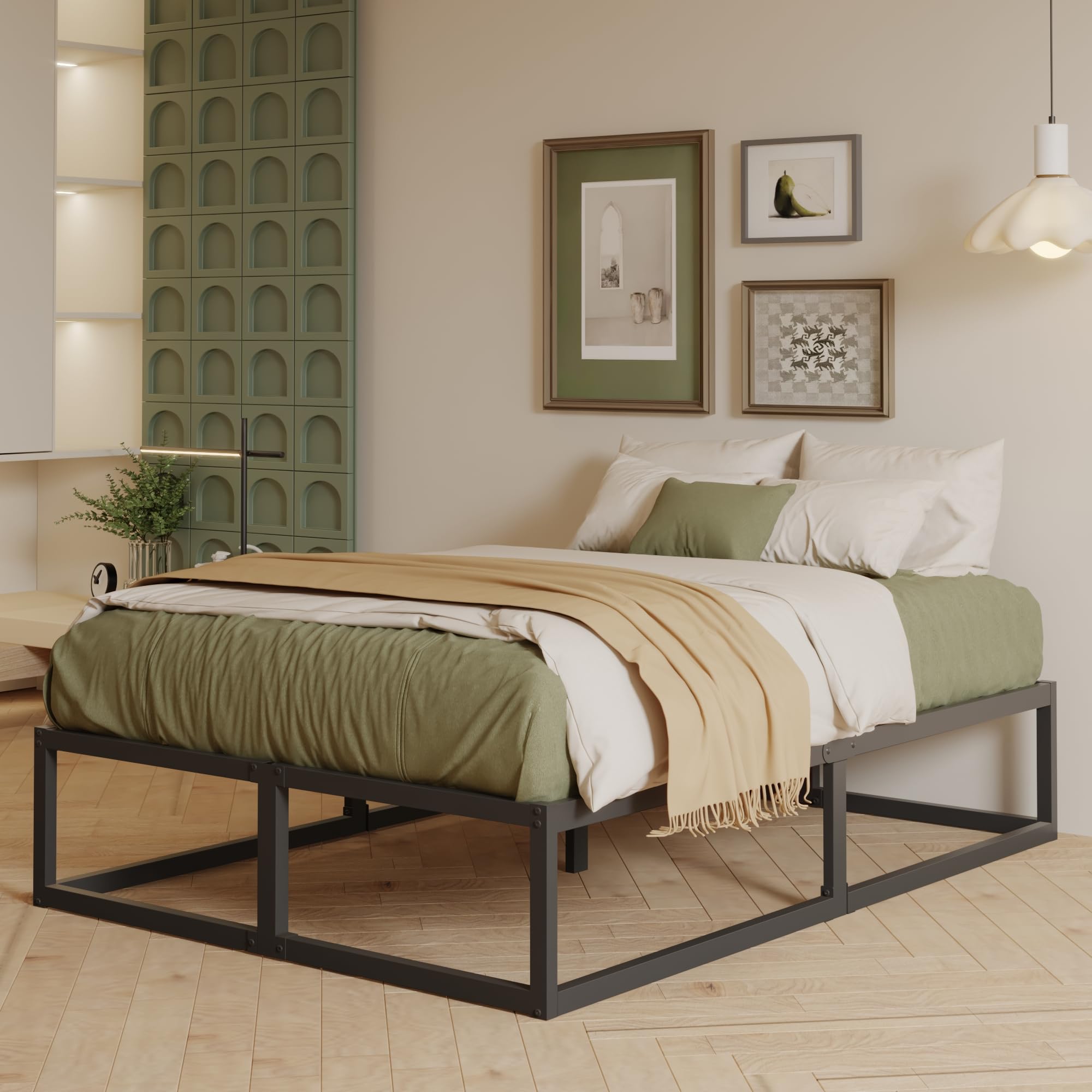 EMODA Small Double Bed Frame 36cm High with Steel Slats Support, Black