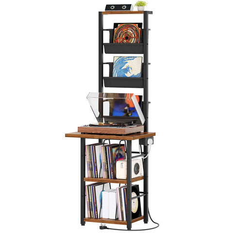 YATINEY 3-Shelf Record Player Stand with Charging Station and 3 Fabric Bins