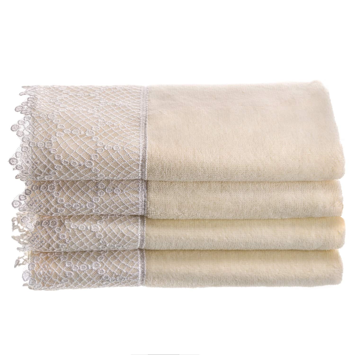 Creative Scents Extra-Absorbent Towels, 100% Cotton Velour Cream Towel, with Scallop Lace Trim - 4 Piece Towel Set, Fingertip Towel 11 by 18-Inch