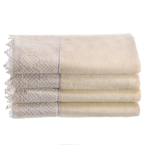 Creative Scents Extra-Absorbent Towels, 100% Cotton Velour Cream Towel, with Scallop Lace Trim - 4 Piece Towel Set, Fingertip Towel 11 by 18-Inch