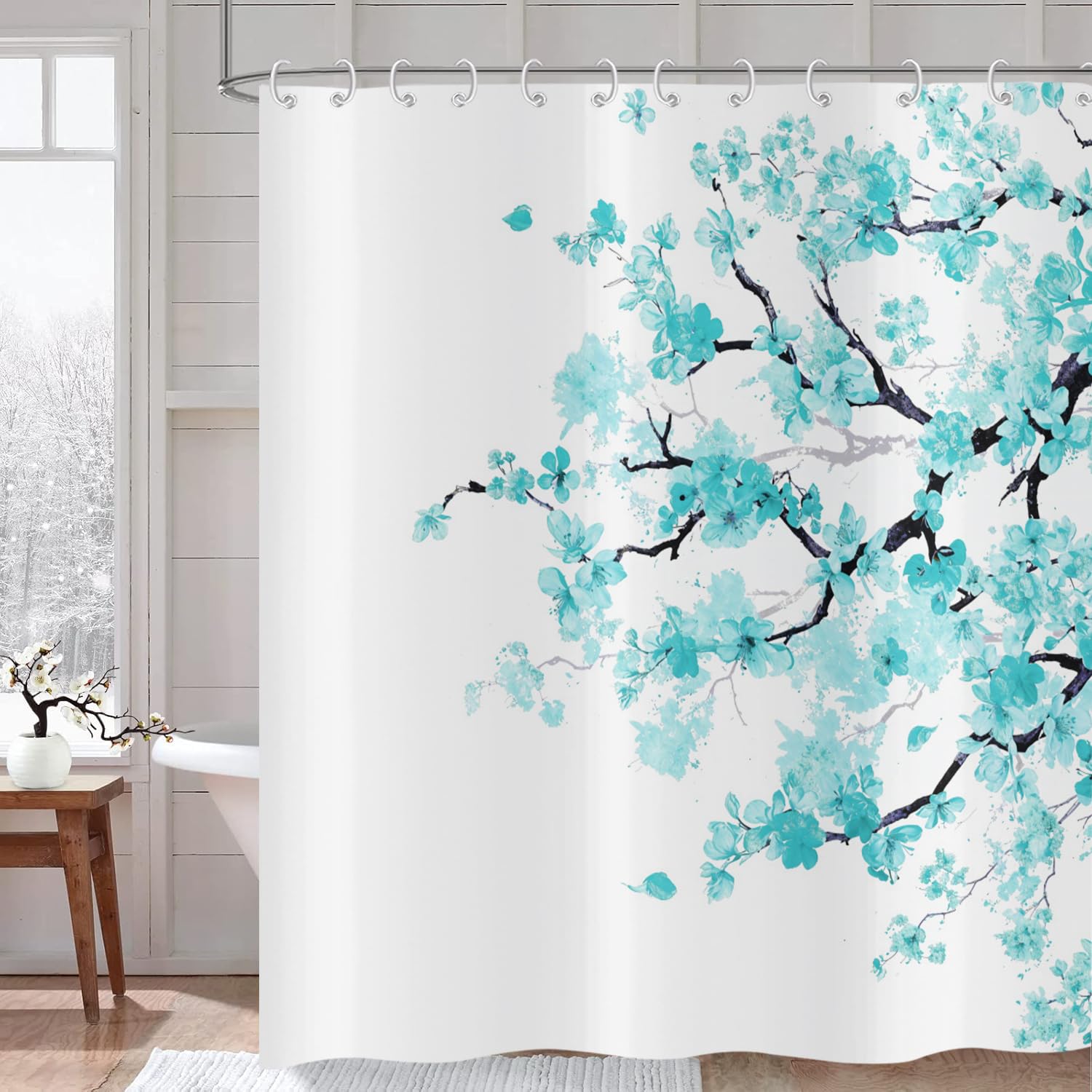 Hnmdmyi Cherry Blossom Shower Curtain 180x200, Turquoise Floral Sakura Blooming Plum Japanese Asian Anime Art Style Bathroom Curtains Waterproof
