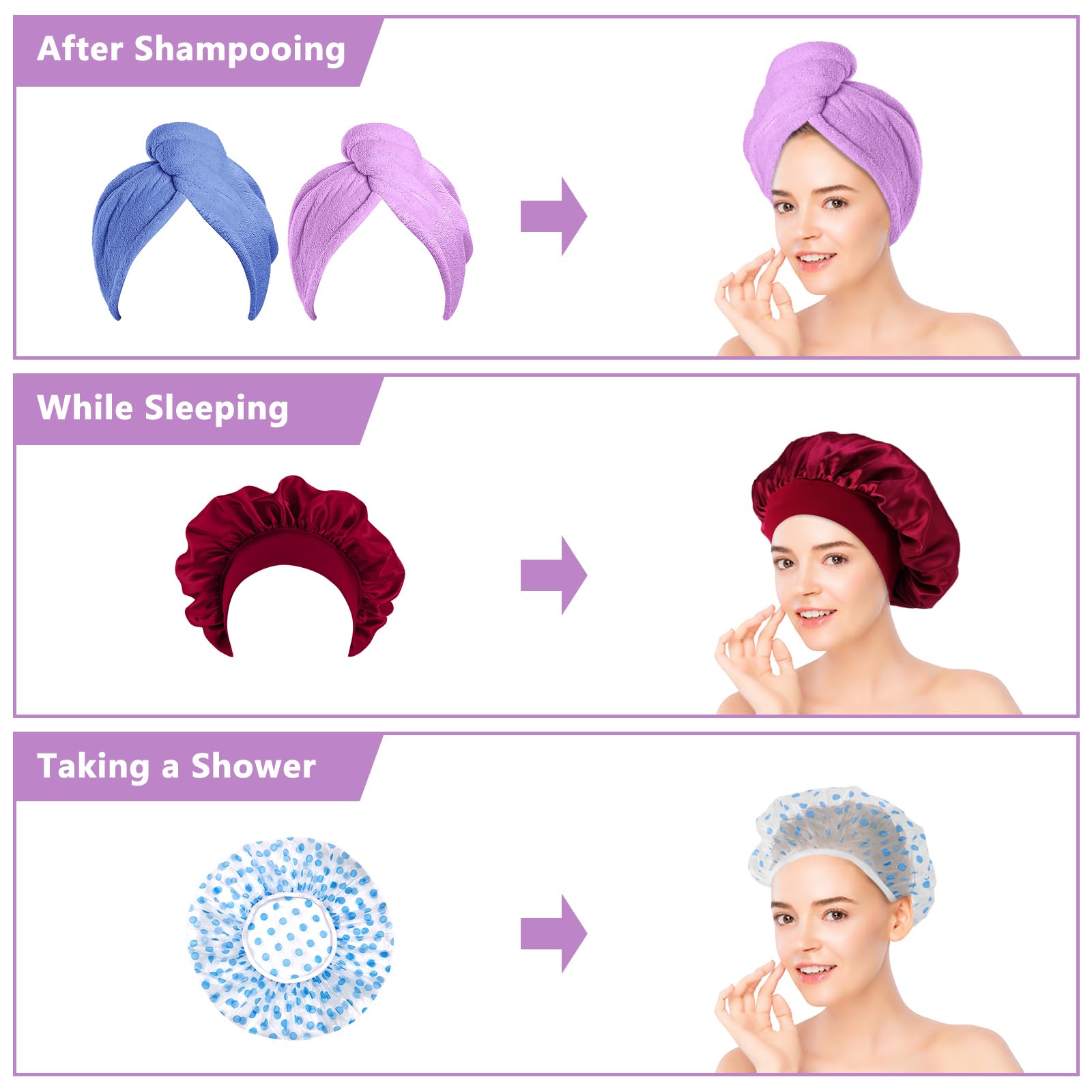 SNAIL GARDEN 4Packs Hair Cap Set, 2 Microfiber Hair Drying Towels Wrap with 1 Plastic Shower Hair Cap+1 Silk Sleeping Hair Protection Cap