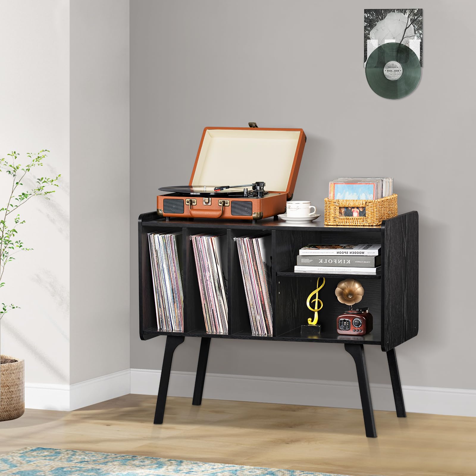LELELINKY Record Player Stand, 4 Compartments, Holds Up to 220 Records