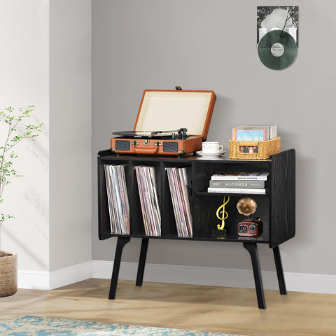 LELELINKY Record Player Stand, 4 Compartments, Holds Up to 220 Records