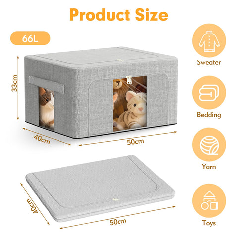 AIOR 2PCS 66L Clothes Storage Bags with Metal Frame, Foldable Fabric Storage Boxes with Clear Windows for Blankets Bedding Comforters