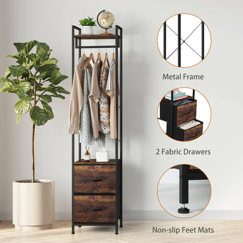 UOMIO 180CM Tall Clothes Rail with Drawers, Narrow Freestanding Coat Rack, Space Saving Clothing Rail Hanger with Storage Shelf