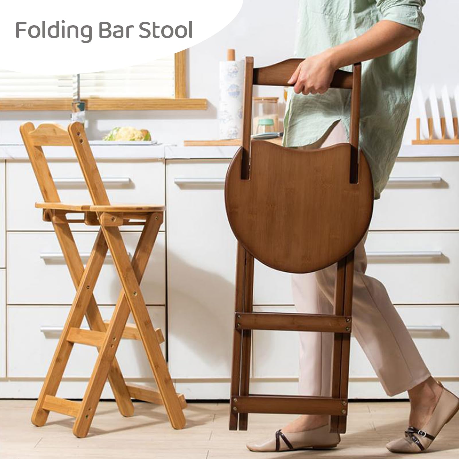Gelory Foldable Bar Stool Bamboo Counter Height Chairs No Assembly, Natural