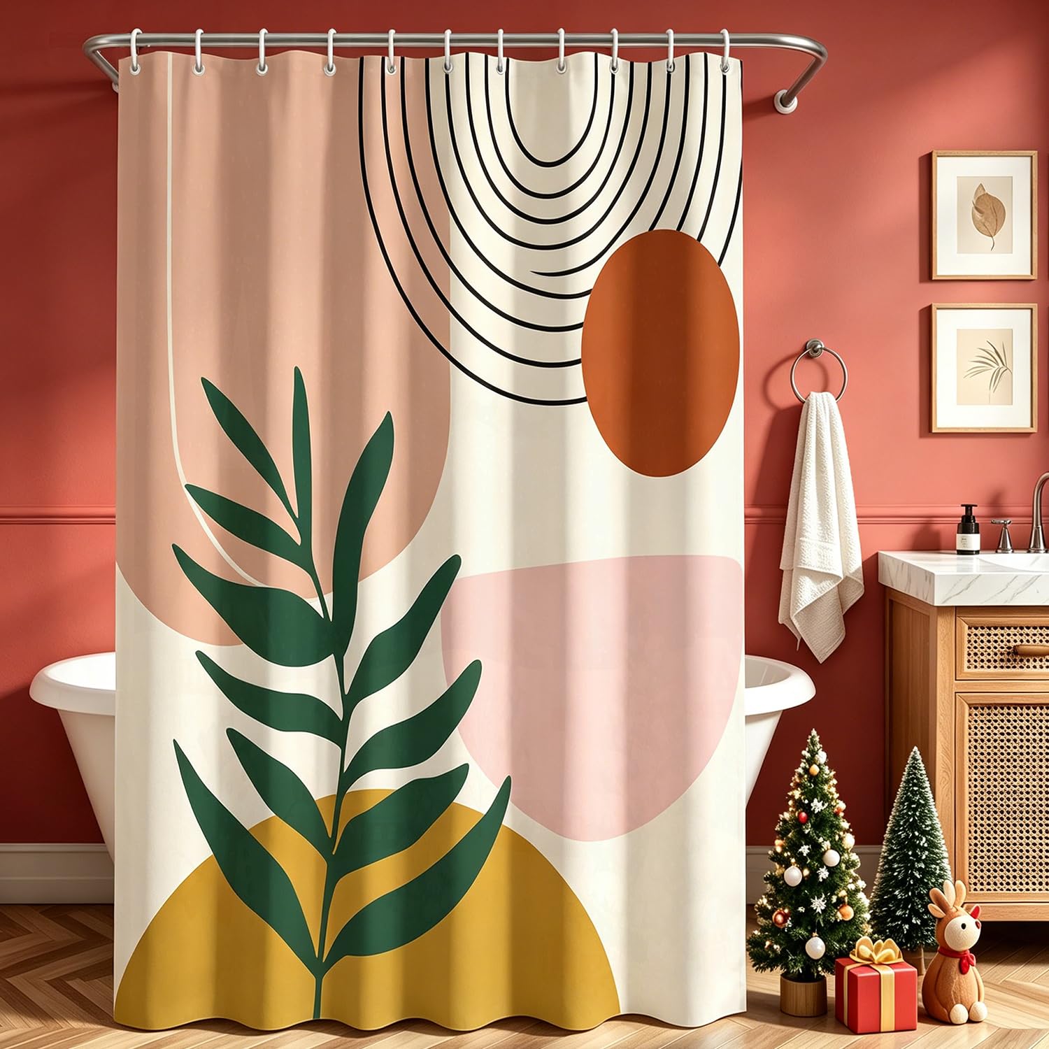 Lerores Shower Curtain 240 x 200 cm Leaves Print Weighted Hem Anti-Mould Textile Water-Repellent Washable Polyester Fabric Bath Curtains with Eyelets
