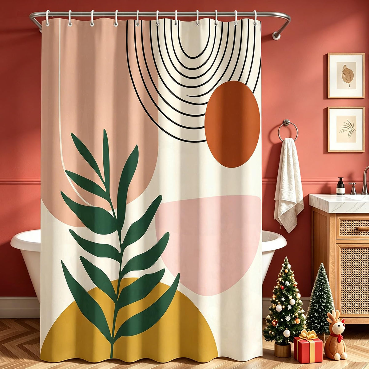 Lerores Shower Curtain 240 x 200 cm Leaves Print Weighted Hem Anti-Mould Textile Water-Repellent Washable Polyester Fabric Bath Curtains with Eyelets