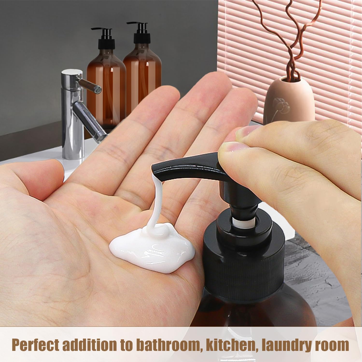 2 Packs Plastic Pump Bottle Dispenser 500ml(17oz), Refillable Soap Dispensers for Bathroom, Kitchen, Amber Shampoo Dispenser Shower Gel Dispenser