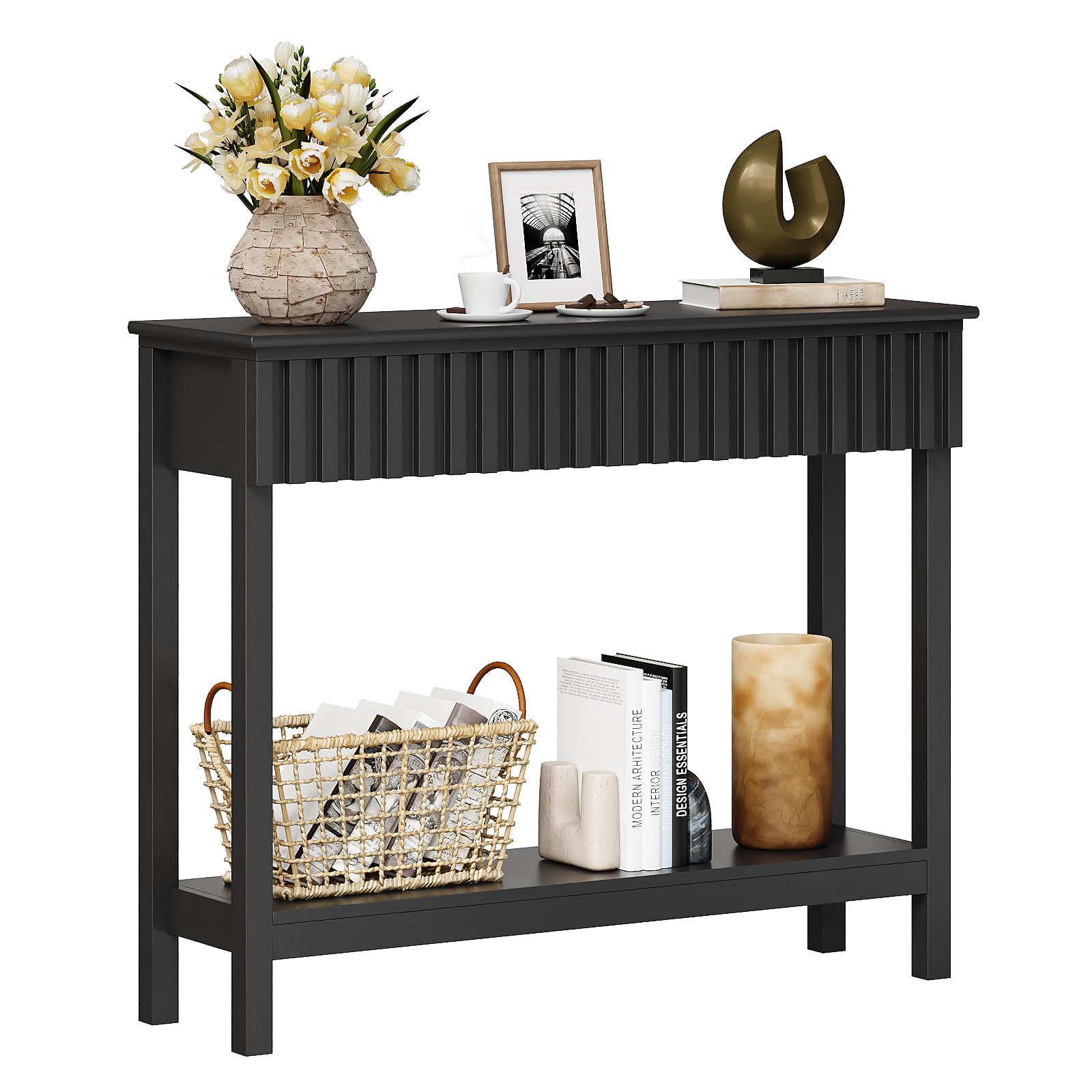 Trironsun Narrow Fluted Console Table with 2 Drawers and Open Shelf Modern Painted Wood Sofa Table for Hallway, Living Room or Behind Couch (Black)