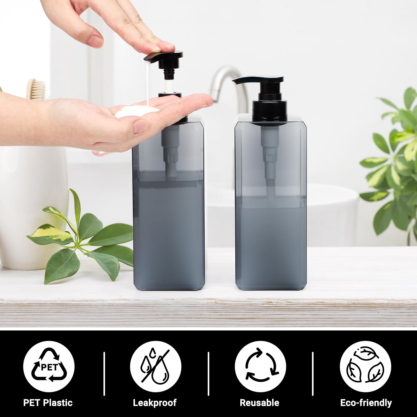 Segus Hand Wash Dispenser, 3 Pieces 800ml Grey Soap Dispenser, Refillable Shampoo Bottles with Pump, Bathroom Bottles with Labels, for Hotel, School