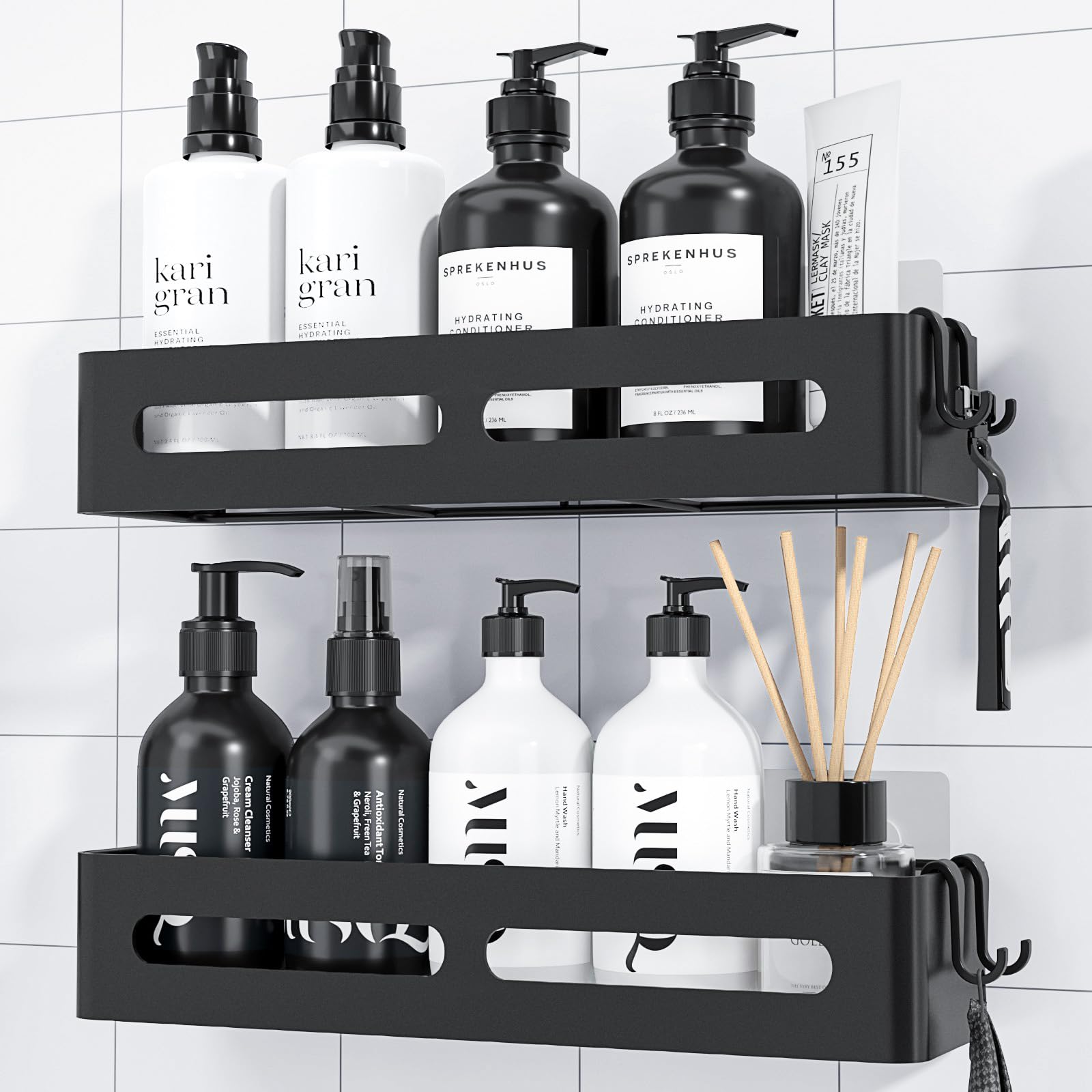 Kitsure Shower Storage - 2-Pack, No Drilling Shower Shelf with Large Capacity, Self-Adhesive Shower Caddy with 4 Removable Hooks, Black