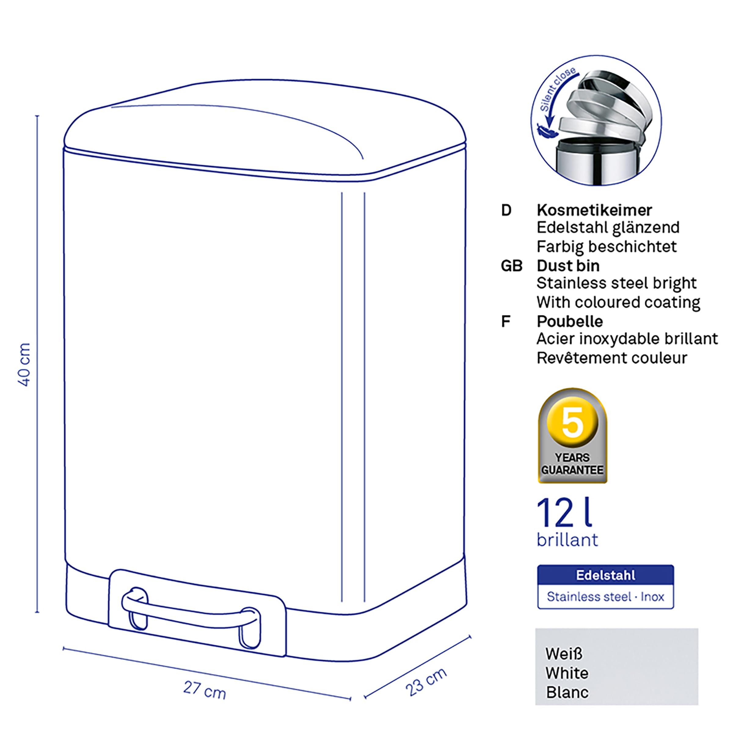 Kela "Davino Cosmetic Bin, Stainless-Steel, White, 30 x 15 x 10 cm