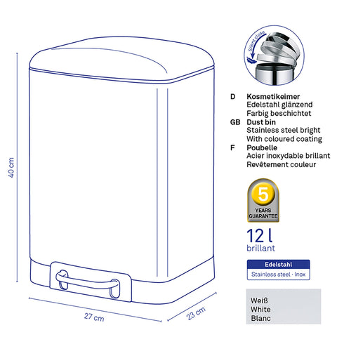 Kela "Davino Cosmetic Bin, Stainless-Steel, White, 30 x 15 x 10 cm