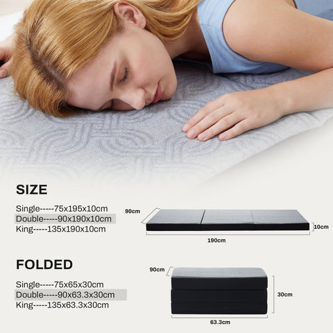 Folding Mattress Double, Memory Foam Foldable Mattress, 90x190x10cm, Grey