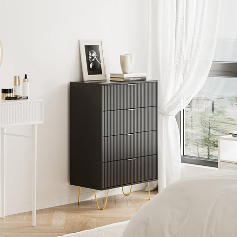 HEYZOEY Chest of 4 Drawers for Bedroom, 60x34x91cm, Wood Storage Dresser Bedroom Furniture Cabinet for Living Room,Office,Lounge,Black