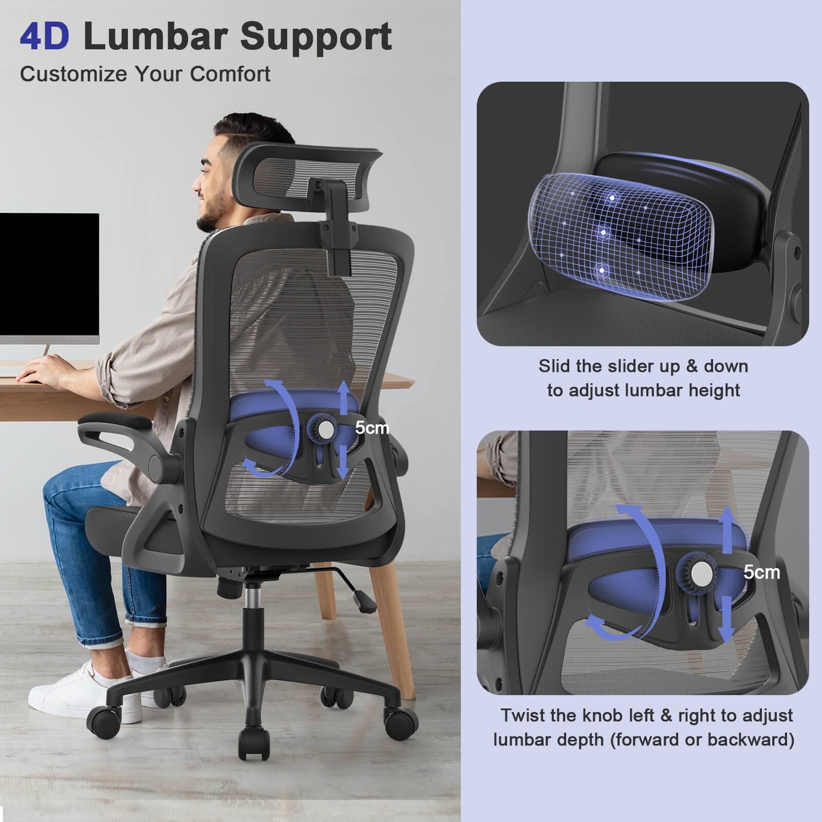 YONISEE Office Chair Ergonomic Office Chair with Lumbar Support, Adjustable Armrests and Headrests, Mesh Chair High Back Comfortable for Home Office
