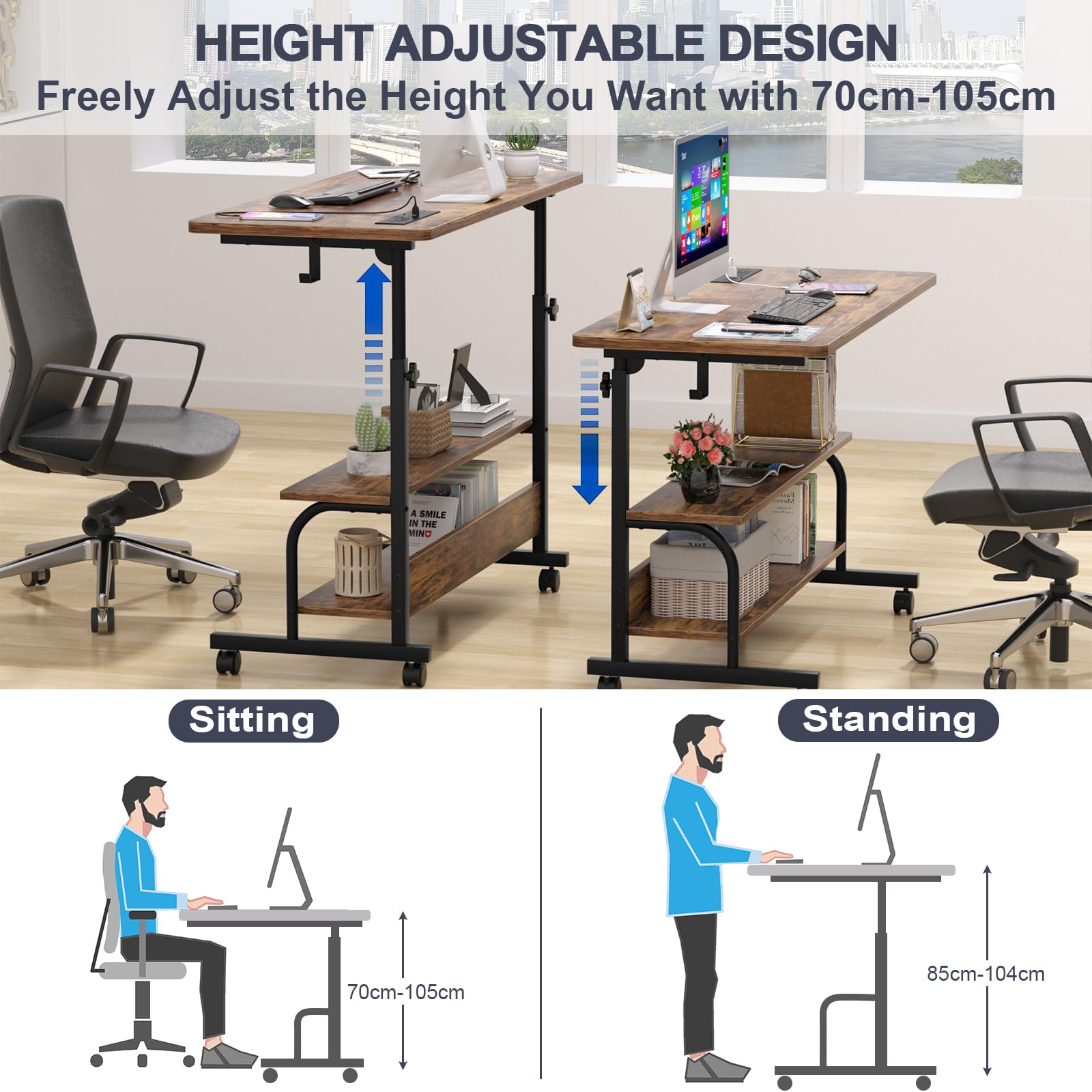iSunirm Rolling Standing Desk with UK Power Outlets & USB, Height Adjustable Desk on Wheels, Small Portable Desk for Home Office