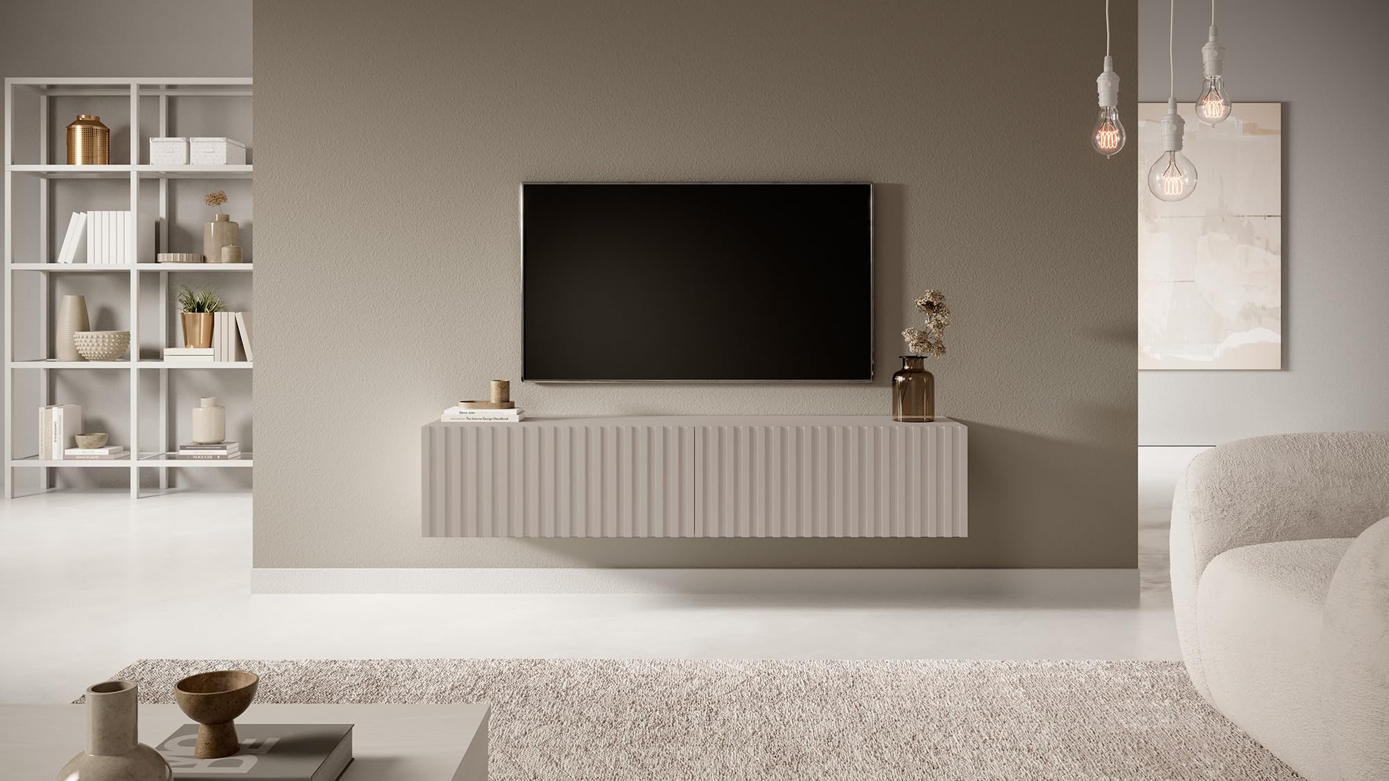 SELSEY Wooden Wall-Mounted TV Cabinet 138.6 x 31.6 x 30 cm for TVs Up to 60'', Taupe Grey Finish with Slatted Front, MDF Body