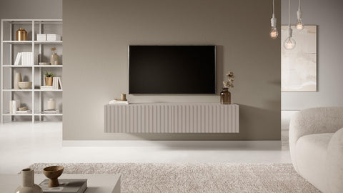 SELSEY Wooden Wall-Mounted TV Cabinet 138.6 x 31.6 x 30 cm for TVs Up to 60'', Taupe Grey Finish with Slatted Front, MDF Body