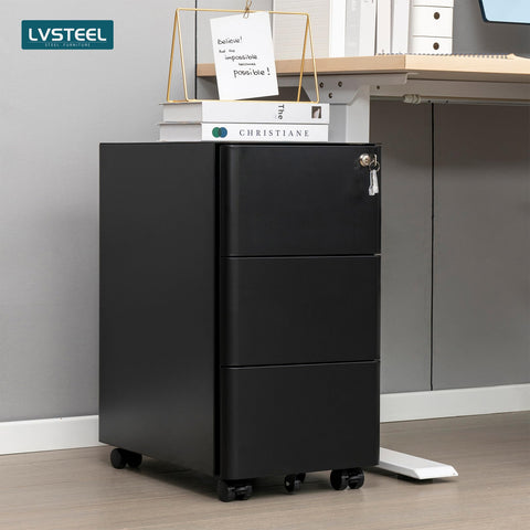 LVSTEEL Lockable 3-Drawer Metal Filing Cabinet on Wheels, Fully Assembled Mobile Office Storage, Filing Cabinets for Home Office, Fits Under Desk