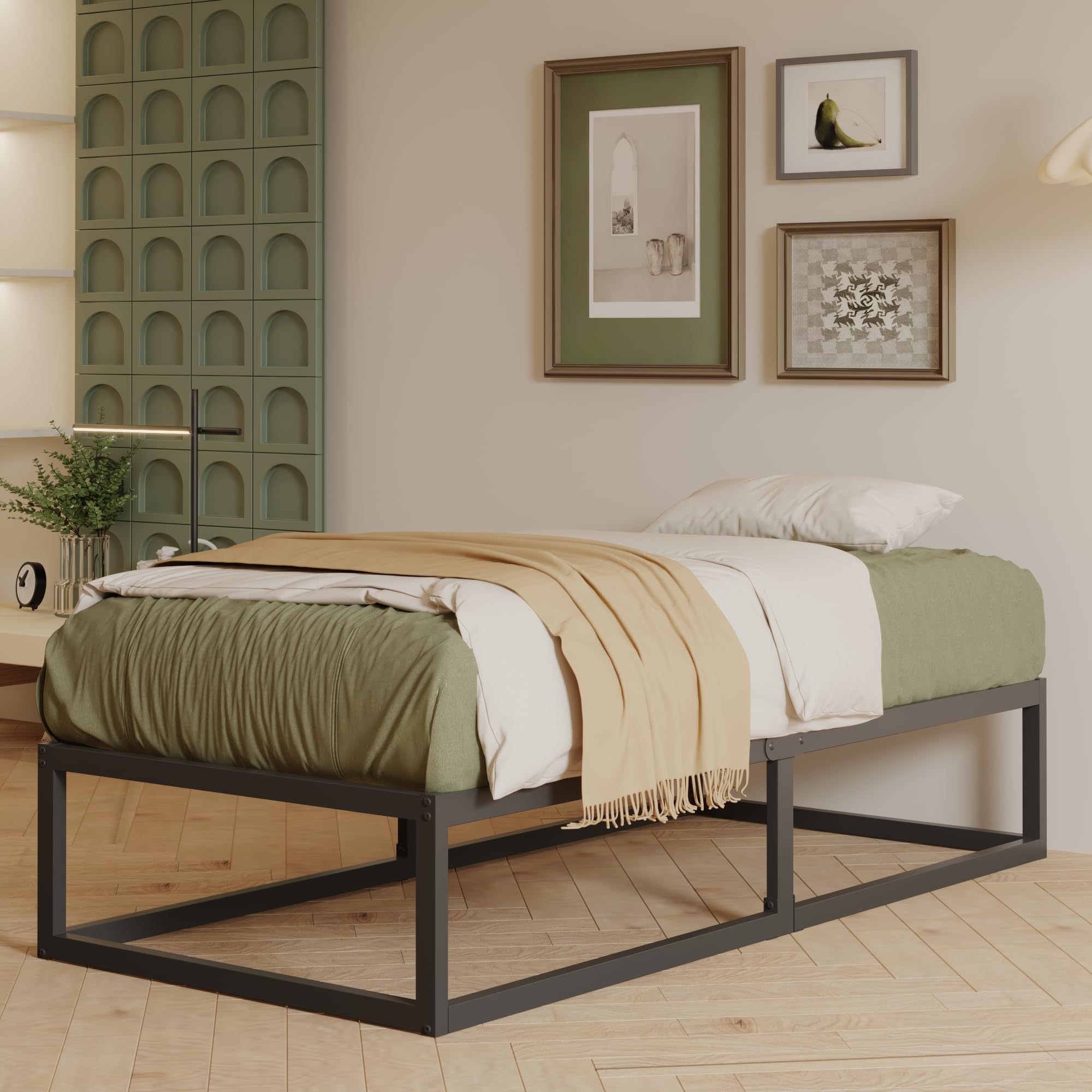 EMODA Small Single Bed Frame 36cm High with Steel Slats Support, Black