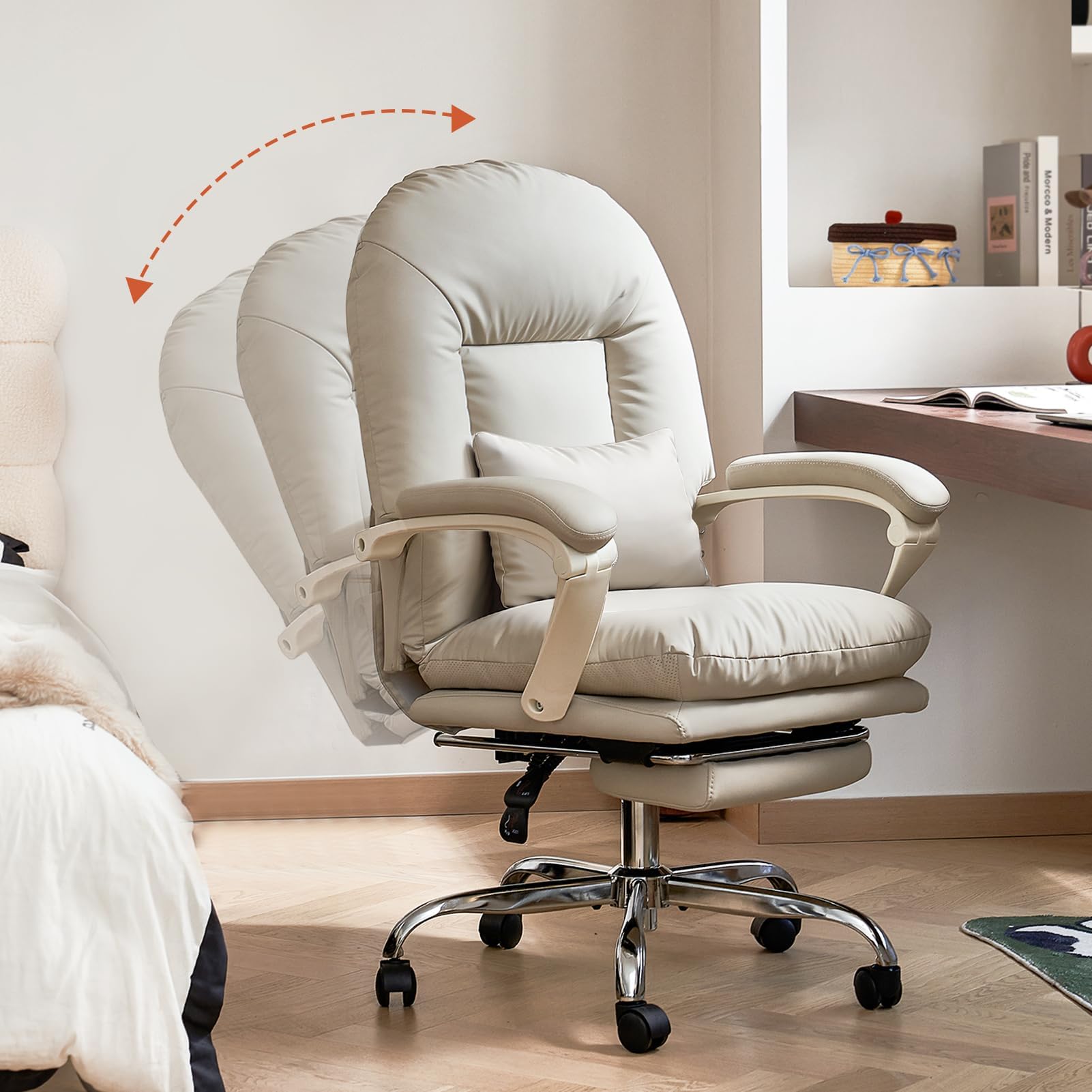 EMIAH Ergonomic Office Chair with Footrest, PU Leather, Beige