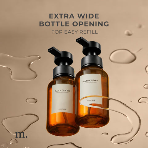MaisoNovo Glass Foaming Soap Dispenser Set of 2-400 ml Amber Glass Foaming Hand Wash Dispenser Black Pumps x 2, Waterproof Labels