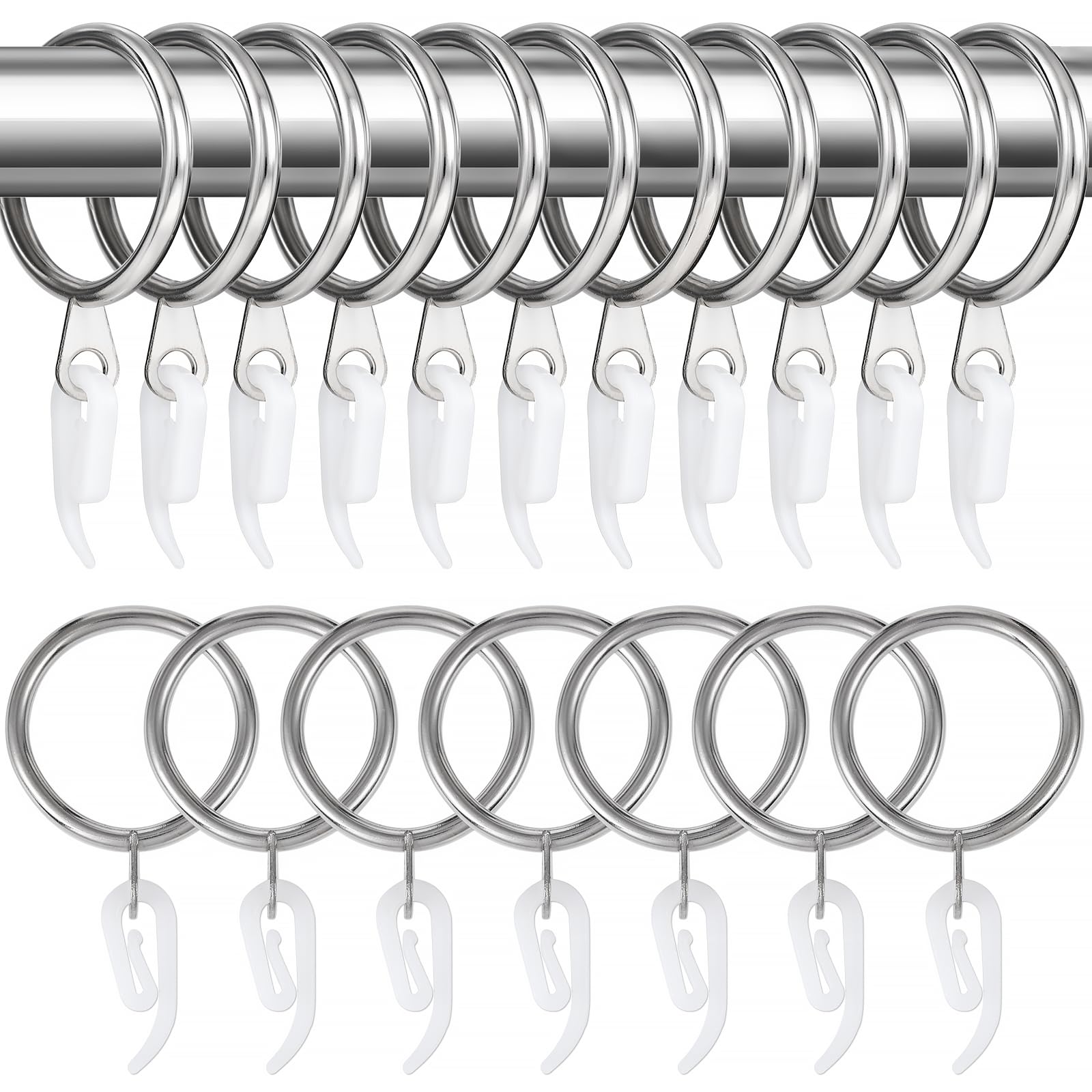 24 Pieces silver metal curtain rings and 24 Pieces white plastic Curtain Hooks for curtains (30mm internal diameter)