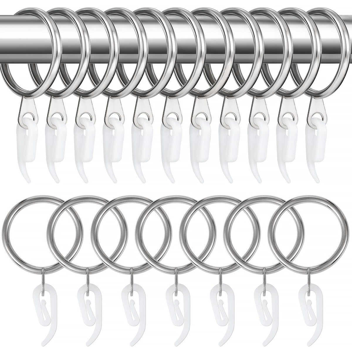 24 Pieces silver metal curtain rings and 24 Pieces white plastic Curtain Hooks for curtains (30mm internal diameter)