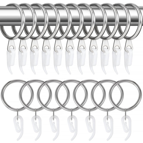24 Pieces silver metal curtain rings and 24 Pieces white plastic Curtain Hooks for curtains (30mm internal diameter)