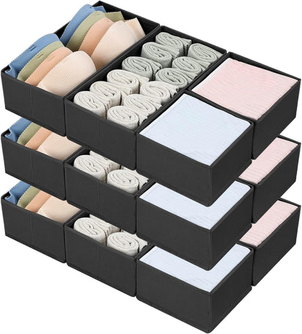 DIMJ 12 Pack Wardrobe Storage Organiser - Underwear Drawer Organiser, Black