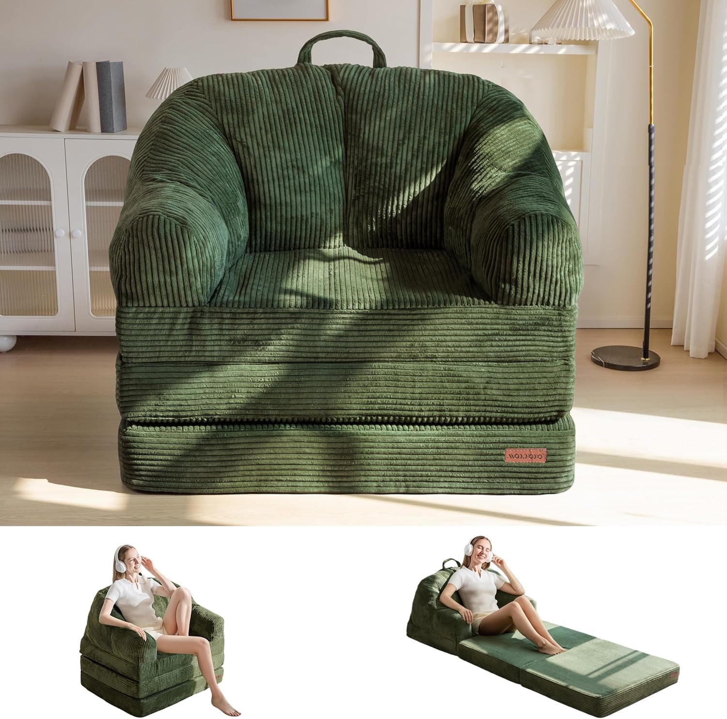 MAXYOYO Folding Sofa Bed with Backrest, Boneless Fold Out Couch Bed with Handle, 2 in 1 Convertible Bean Bag Chair to Floor Sofa Lounger