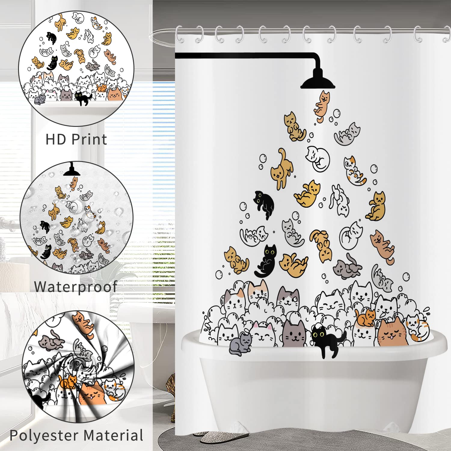 Hnmdmyi Funny Cat Shower Curtain 150x180, Kids Cartoon Animal Kitten Colorful Lovely Hilarious Pets Bathroom Curtains with Hooks Waterproof Polyester