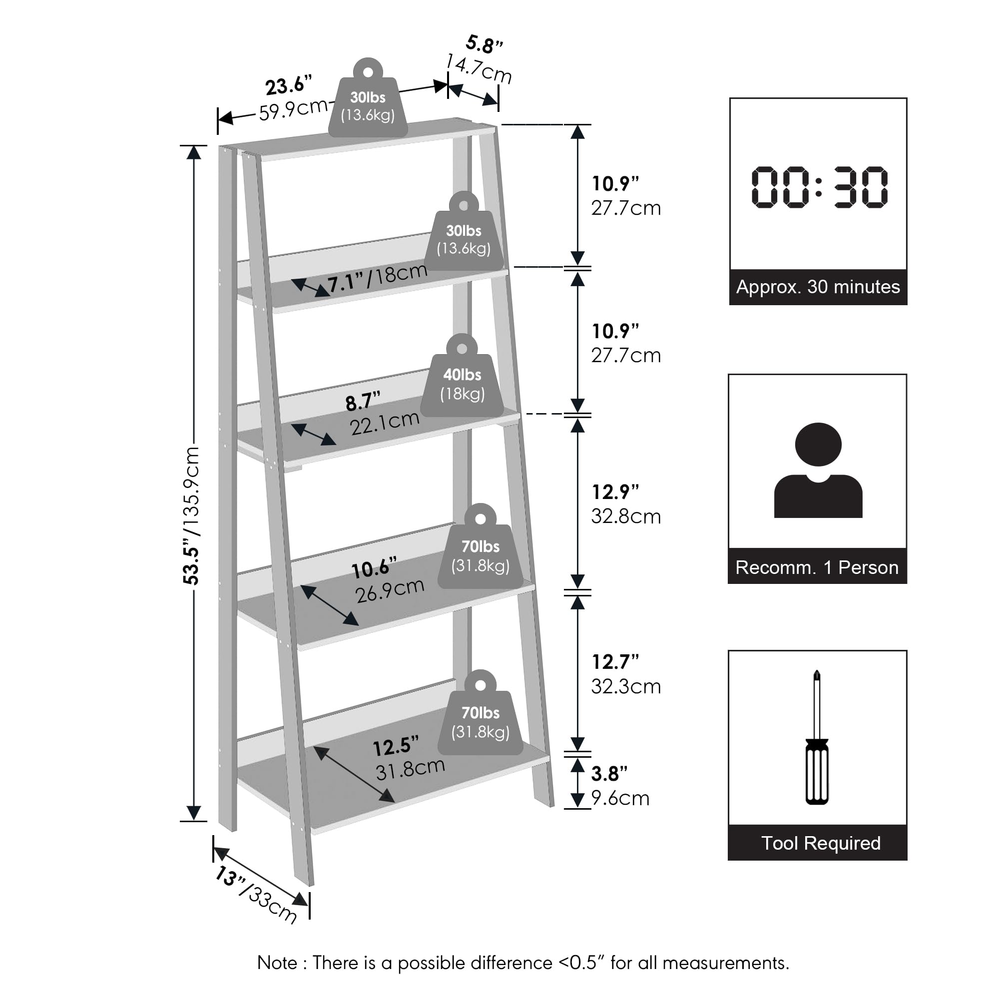 Furinno LADDER Display Shelf, 5-Tier Ladder Shelf, Ladder Bookshelf, Display Storage Shelves, 33.02 x 59.94 x 135.89 cm, for Living Room, Home Office